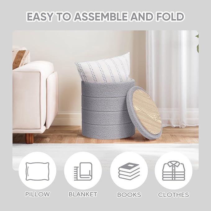PINPLUS Round Storage Ottoman Foot Rest Stool with Tray Velvet Sherpa Folding Storage Ottoman,Boucle Foot Rest for Living Room, Bedroom, Dorm（Grey）