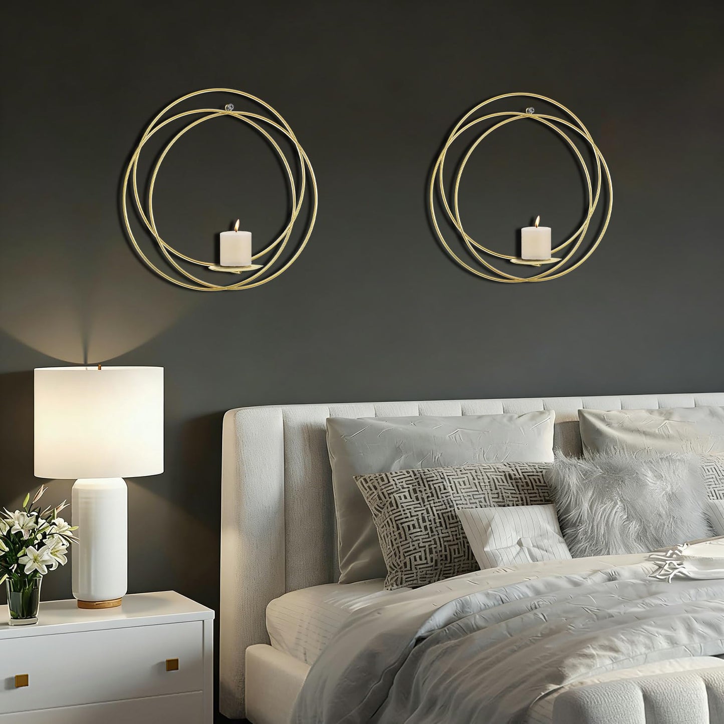Wall Candle Sconces Set of 2 Gold Metal Hanger with Wood Base Farmhouse Rustic Wall-Mount Candle Holders Modern Wall Decorations for Living Room Bathroom Garden Patio Office