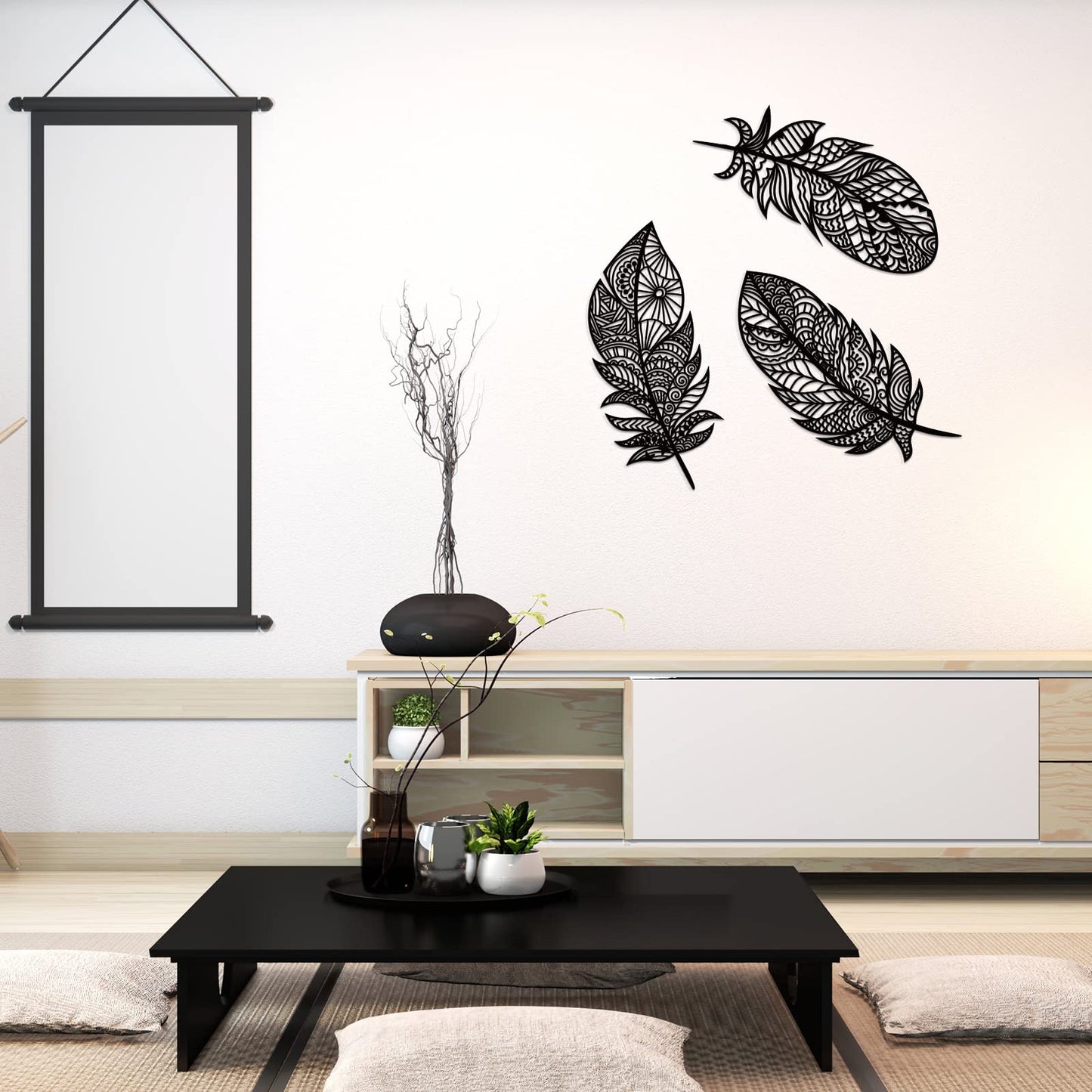 Yookeer 3 Pieces Feather Art Wall Boho Wooden Laser Cut Hanging Wall Decors Boho Wood Art Large Rustic Feather Decors Modern and Elegant Decoration for Home Kitchen(Black)