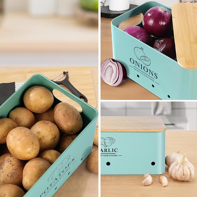 Kitchen Vegetable Storage Set of 3, Metal Onion Garlic Potato Storage Set, Kitchen Canisters Vegetable Keeper Containers with Aerating Holes and Bamboo Lid，Blue