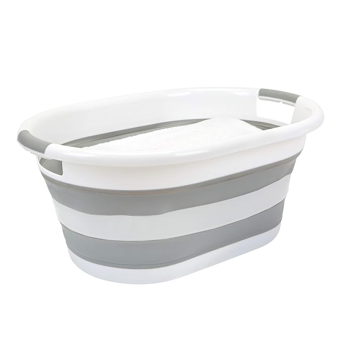 Laundry 360 2pk Collapsible Laundry Basket | Portable | Space Saver Storage | Hold 2 Loads | Store Under the Bed or Closet | Good for Kids | Dorm | Bedroom | Large | White/Grey