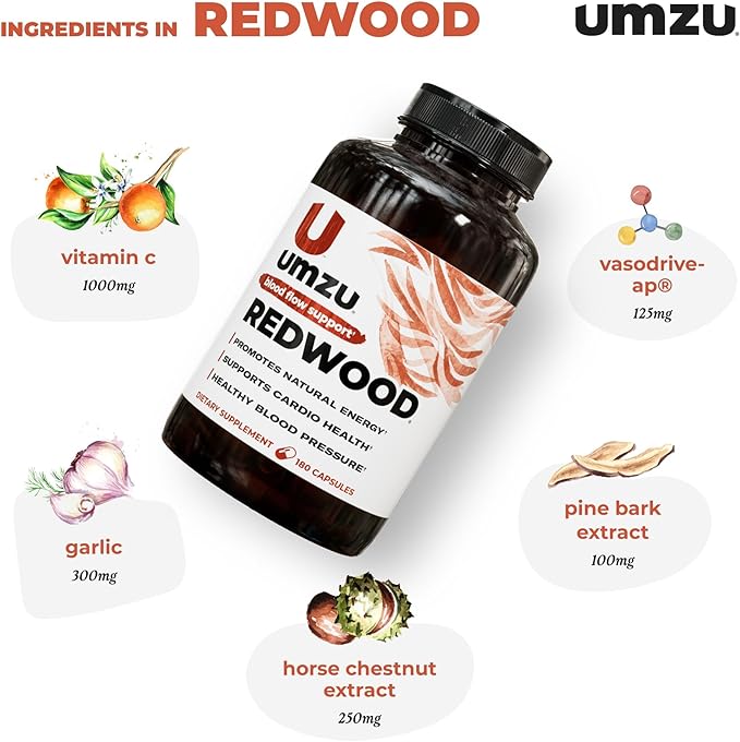 UMZU Redwood Nitric Oxide Booster, 3-Month Supply ??Nitric Oxide Supplement with Vitamin C, Garlic & Horse Chestnut ??Supports Healthy Circulation, Blood Flow, Energy, Stamina and Daily Vitality