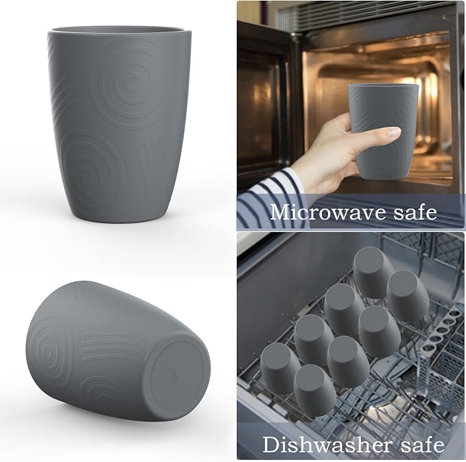 Wrova Wheat Straw Cups 8 PCS Good Alternative to Plastic Reusable Cups 12 oz Unbreakable Drinking Cup Reusable Dishwasher Safe Water Plastic Glasses Grey