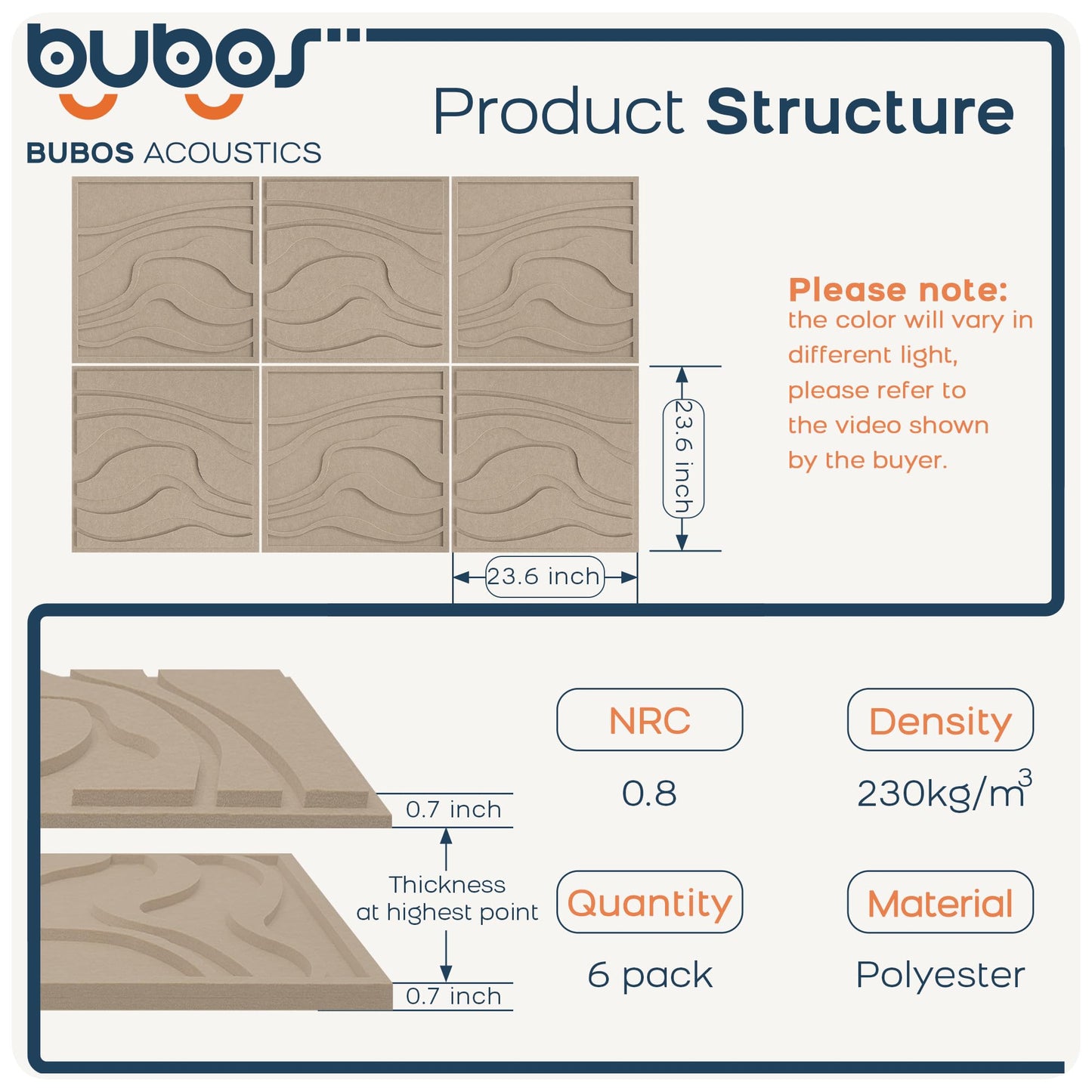 BUBOS Art Acoustic Wall Panels 6 Pack - 23.6"x23.6" Self-adhesive Sound Proof Panels, Decorative Sound Absorbing Panels for OFffice, Home Theater & Studio Recording Equipment, Camel