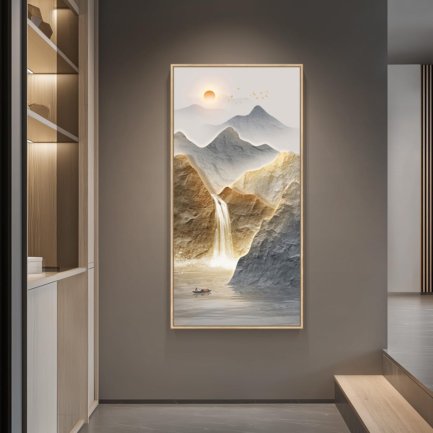 Framed Luxury Mountain Wall Art for Hallway, Extra Large Modern Landscape Canvas Artwork, Blue Gold Nature Sunrise Waterfall Painting Print for Living Room Entryway Home Office Wall Decor, 30x60 Inch