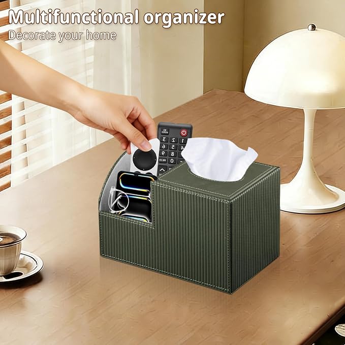 PU Leather Square Tissue Box Cover - Multi-Functional Tissue Box Holder, Tissue Box Cover with Storage,Tissue and Remote Control Holder, Cube Tissue Box Organizer Bedroom Nightstand End Table