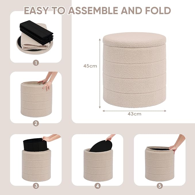 PINPLUS Round Storage Ottoman Foot Rest Stool with Tray Velvet Sherpa Folding Storage Ottoman,Boucle Foot Rest for Living Room, Bedroom, Dorm,Beige Color