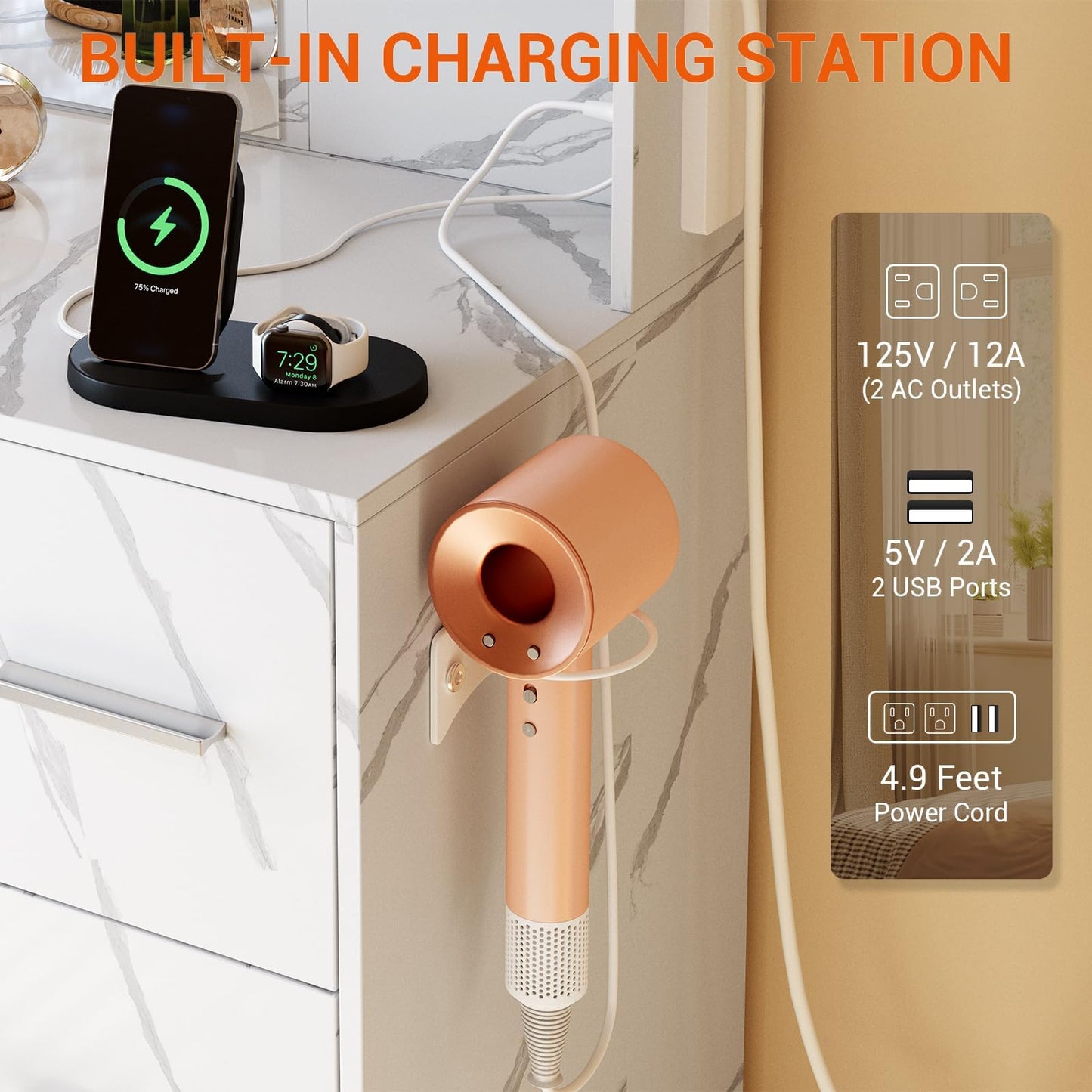 7-Drawer White Vanity Desk with Lighted Mirror & Dimmable LED Lights,Makeup Vanity Set with Power Outlets & USB Ports, 3 Color Lighting Modes, Cushioned Stool & Hair Dryer Holder, Dressing Table for