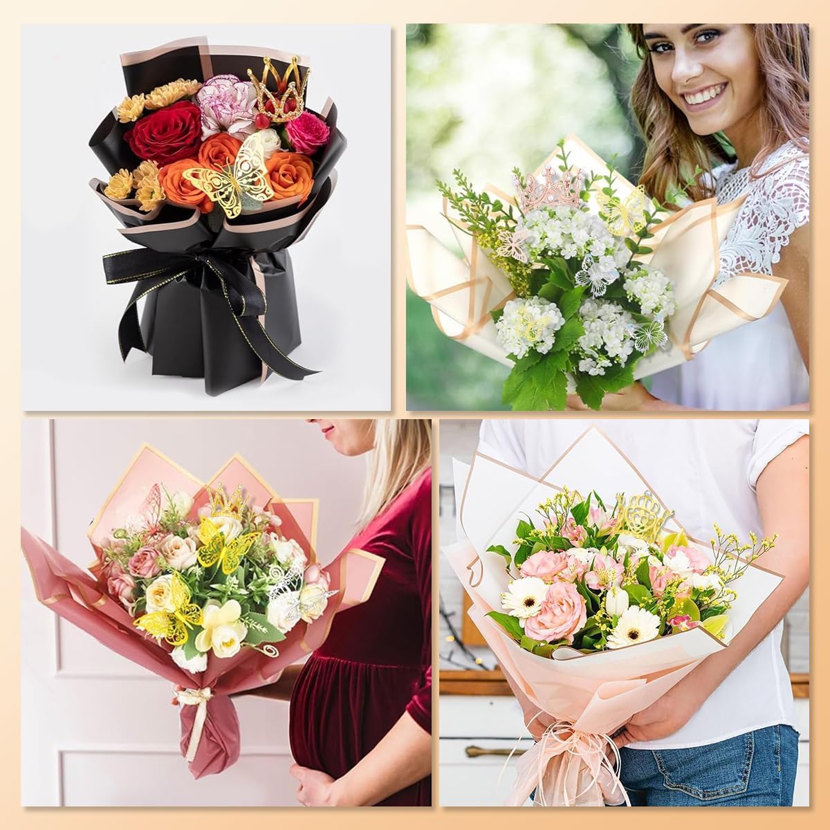 Majreey Floral Wrapping Paper Kit, 80Sheet Waterproof Floral Paper, 3Rolls Ribbon for Flower Bouquet, 2Rolls Transparent Tape,100Pcs Flower Pins, 48Pcs 3D Butterflies, 9Pcs Crowns for Florist Wrapping