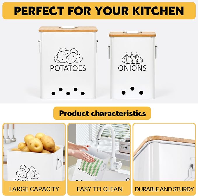 Potato and Onion Storage Bin, Set of 2 Vegetable Storage Tins with Wooden Lids & Side Handles, Dual-row Ventilation Holes, Farmhouse Metal Kitchen Canisters Sets, White
