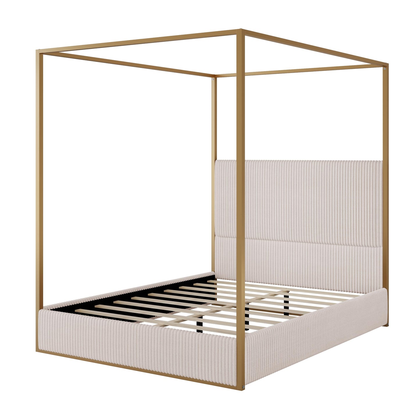 LUMISOL Queen Size Upholstered Canopy Bed, Metal 4 Poster Bed with Tall Corduroy Headboard, Gold Canopy 4 Poster Bed Frame with Headboard for Kids Teens Adults, No Box Spring Needed, Beige
