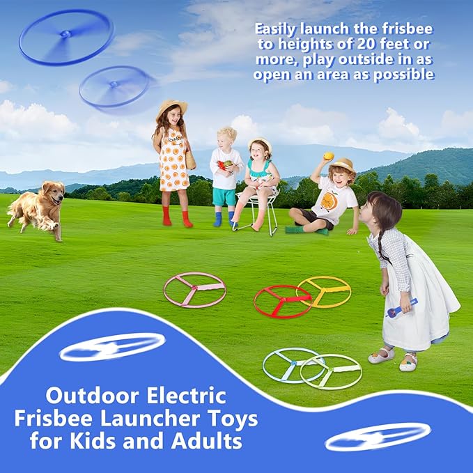 Yuzee Electric Flying Disc Launcher Toy - Outdoor Games Light Up Frisbee, with Light and 6 Flying Spinner, Rechargeable Transmitter Stick, Sports and Outdoor Summer Flying Toys for Kids and Adults (A)