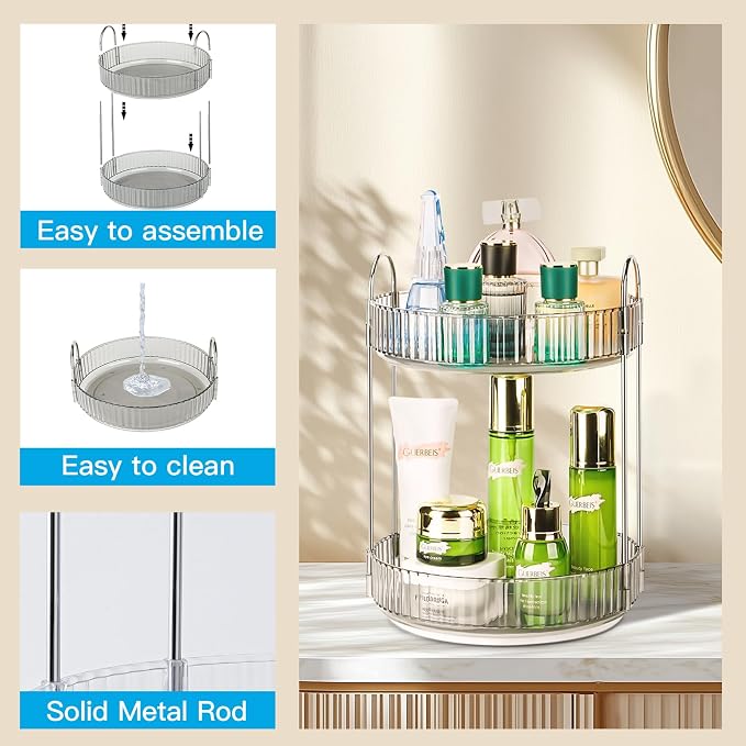 360 Rotating Makeup Organizer, 2 Tier Lazy Susan Bathroom Counter Organizer, Skincare Organizers, Spinning Perfume Organizer & Vanity Organizer Countertop (Classic Grey, 2 Tier)