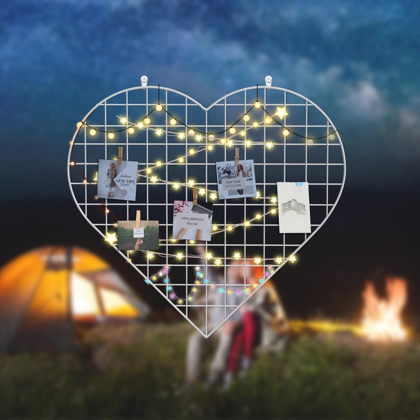 ECLENYES Grid Photo Wall Panels - 22.4"x20.4" Heart Shape Iron Rack Art Wire Board, Wall Grid Organizer, DIY Photo Frame for Home, Office, Kitchen, Bedroom, Christmas Gifts - White