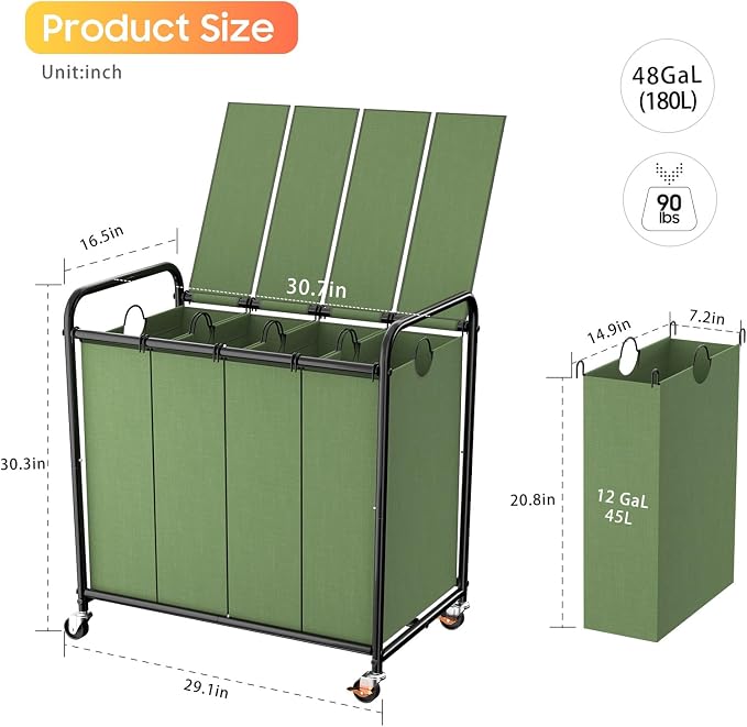 Laundry Sorter 4 Sections 48 Gal, Rolling Laundry Basket with Lockable Wheels and Lid, Laundry Hamper with 4 Separated Removable Bags Dirty Clothes Hamper for Laundry Room Organizer, Green