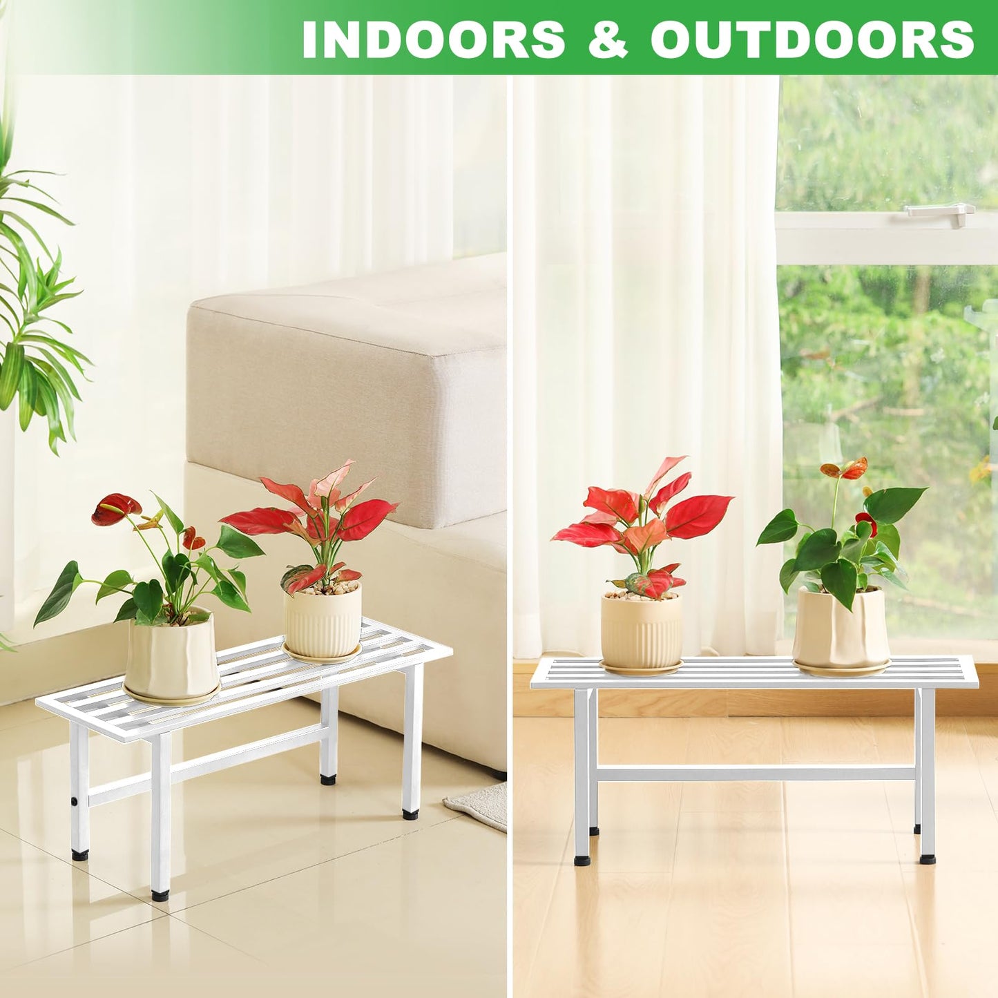 Dipion 2 Pack Metal Plant Stand Outdoor Plant Shelf Indoor,1 Tier Heavy Duty Plant Stands for Multiple Plants,26" L x 10.12" H x 8.75" W,White