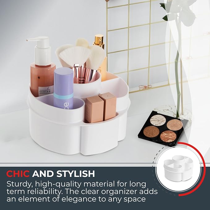 Masirs Small 360 Rotating Makeup Organizer - Mini Yet Spacious Cosmetic Storage Solution with Multiple Compartments - The Perfect Spinning Make-Up Caddy for Vanity or Bathroom Counter (Round - White)