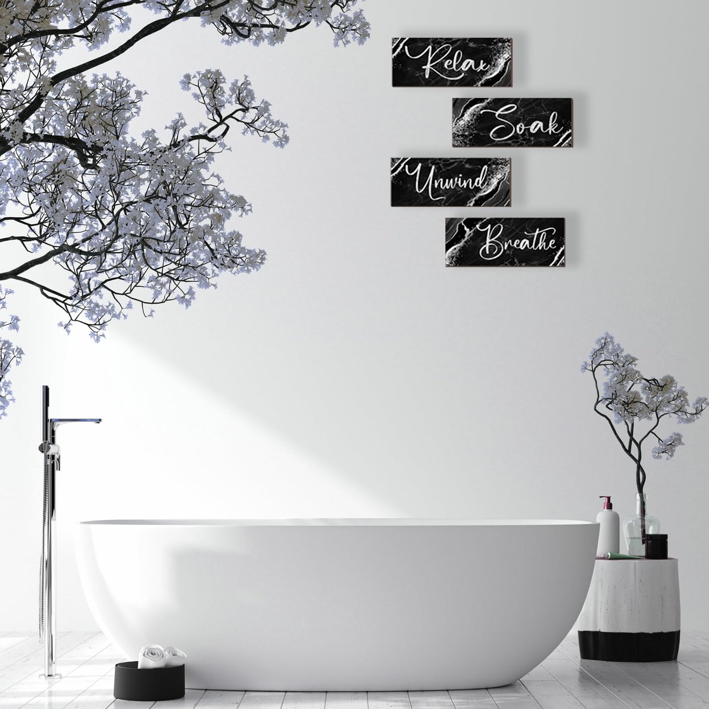 ONIZHITY 4 Pcs Black And Silver Bathroom Decor Wall Signs Relax Soak Unwind Breathe Wooden Rustic Marble Style Bathroom Accessories for Bedroom Living Room Kitchen Decoration(Black Silver 10X4")