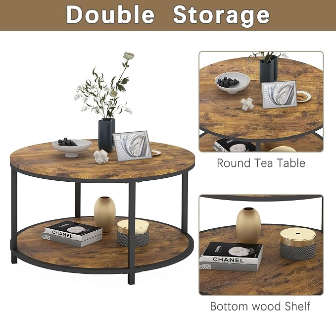 NSdirect Round Coffee Table, 27.6" Small Coffee Table for Living Room,2-Tier Rustic Wood Desktop with Storage Shelf Modern Design Home Furniture(Brown)