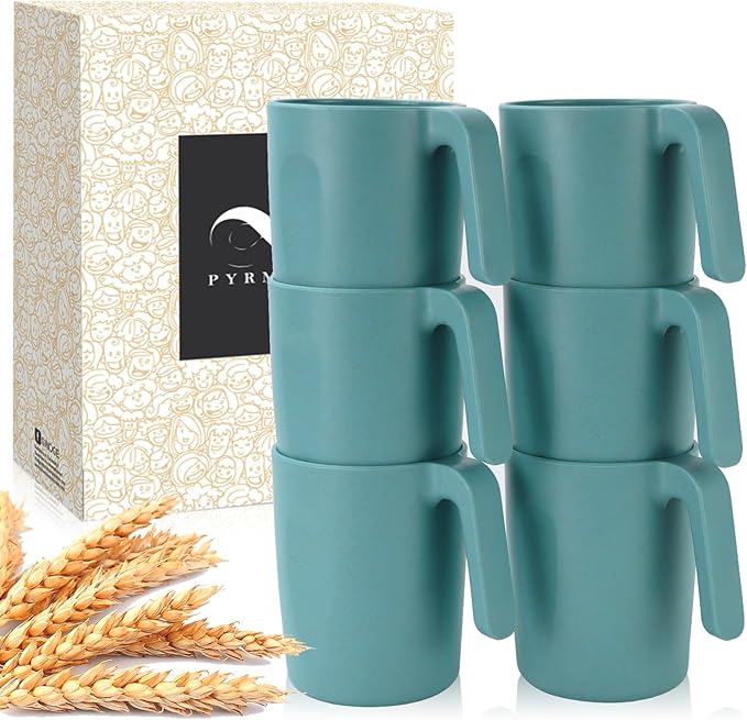 PYRMONT Wheat Straw Cups 16 Oz Alternative Plastic Cups With Handle Dishwasher & Microwave Safe Mug Set of 6 Unbreakable Cups Set for Iced Tea,Milk,Coffee-Green