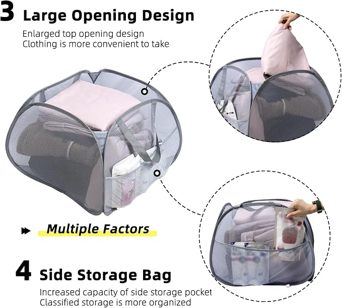 Collapsible Laundry Basket, 90L Foldable Pop-up Laundry Hamper with Handles, Square Mesh Dirty Clothes Hamper for Laundry, Bathroom, Kids Room, Dorm,Travel or Camping (Gray)