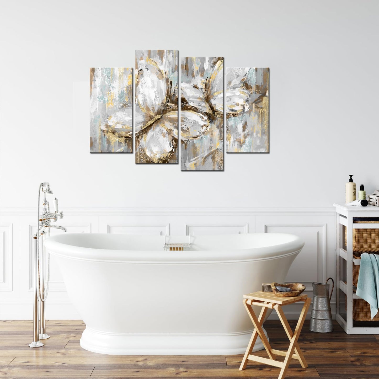 Biuteawal 4 Panel Abstract Butterfly Canvas Wall Art Cute Animal Picture Prints Modern Gold and Blue Painting Still Life Artwork Home Bedroom Living Room Decor Gallery Wrap