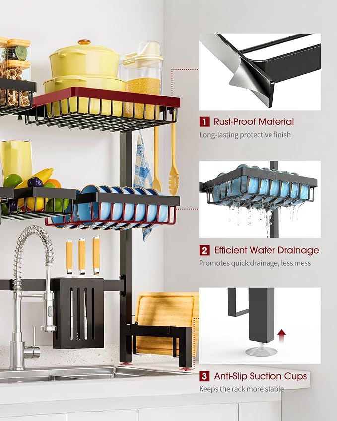 Sakugi Dish Drying Rack - Over The Sink Dish Drainer Drying Rack with Utensil & Knife Holder, Hooks, Stainless Steel Kitchen Organizers and Storage Solution, 11.8" D x 31.5"~39.0''W x 30" H, Black