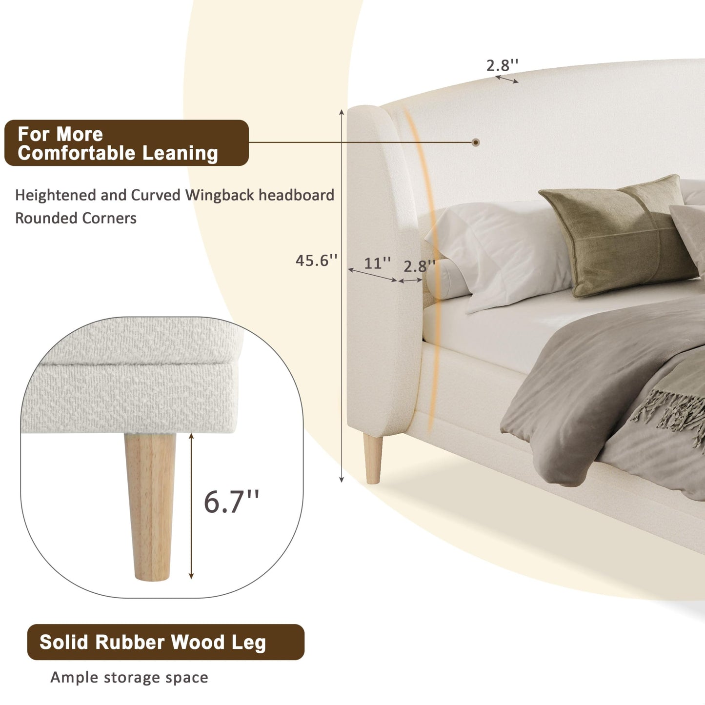 King Size Upholstered Platform Bed Frame with Boucle Fabric Wingback Headboard Solid Wood Legs No Box Spring Modern Bed Frame, White