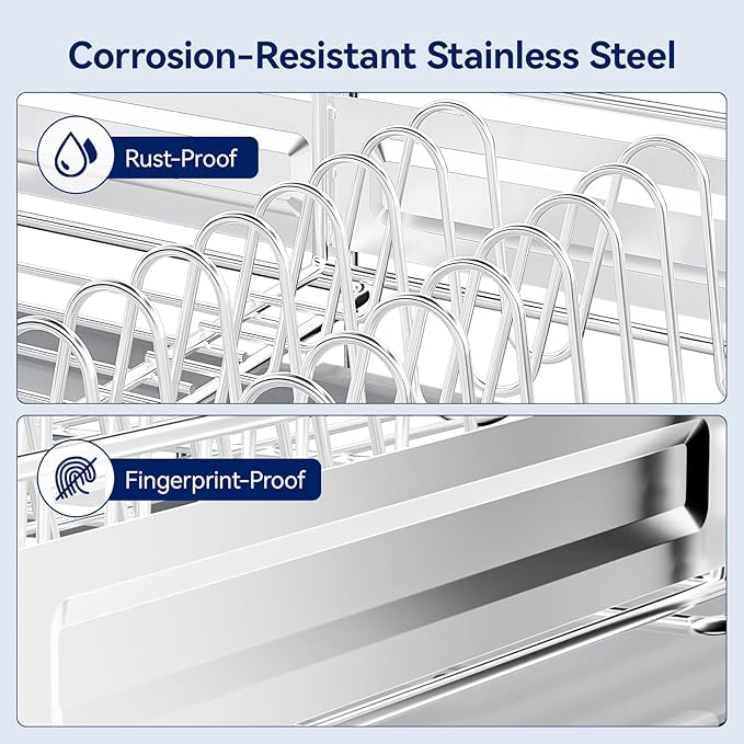 Stainless Steel Dish Drying Rack - Expandable Dish Racks for Kitchen Counter Organizer with Drain Board, Detachable Utensil & Cup Holder, Dish Drainer for Small Kitchen Counter, Grey