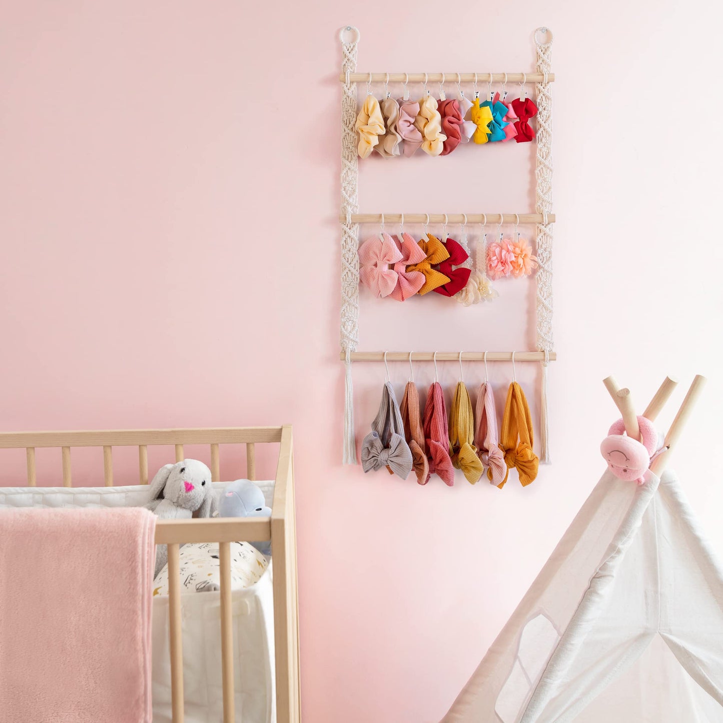 Dahey Hanging Jewelry Organizer Macrame Necklace Holder with 30 Hooks and Headband Holder with 30 Hooks Boho Decor for Baby Girls Room