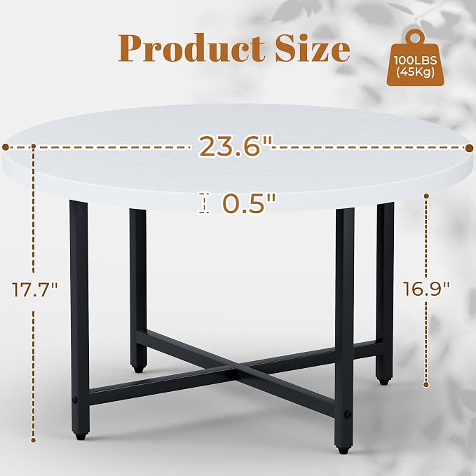 FAMIDGE Round Coffee Table, Small Coffee Tables for Living Room, Low Wood Coffee Table with Metal Frame, Floor Table Desk for Sitting on The Floor, Home, Office, White(23.6" D x 17.7" H)