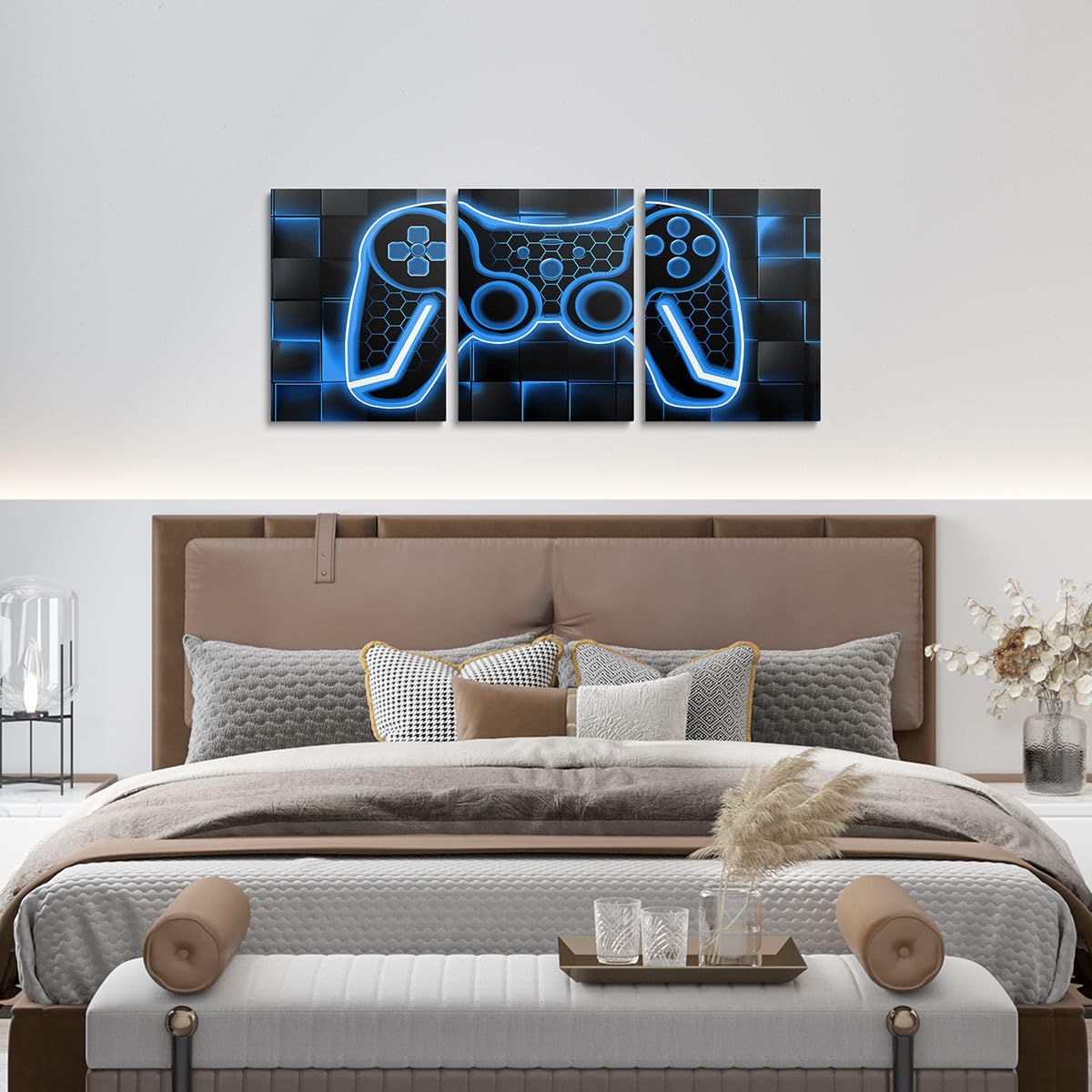 Feelyou Gamer Canvas Wall Art Gaming Bathroom Wall Art for Home Decor 12"x16" 3 Piece for Teens Bedroom Decor Lighting Honeycomb Office Wall Artwork Posters Blue and Black Geometric Wall Painting