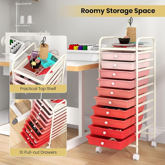 COSTWAY 10-Drawer Rolling Storage Cart, Utility Mobile Trolley with Removable Drawers & Universal Casters & 2 Brakes, Versatile Flexible Drawer Organizer Cart for Home, Office, Mixed Pink