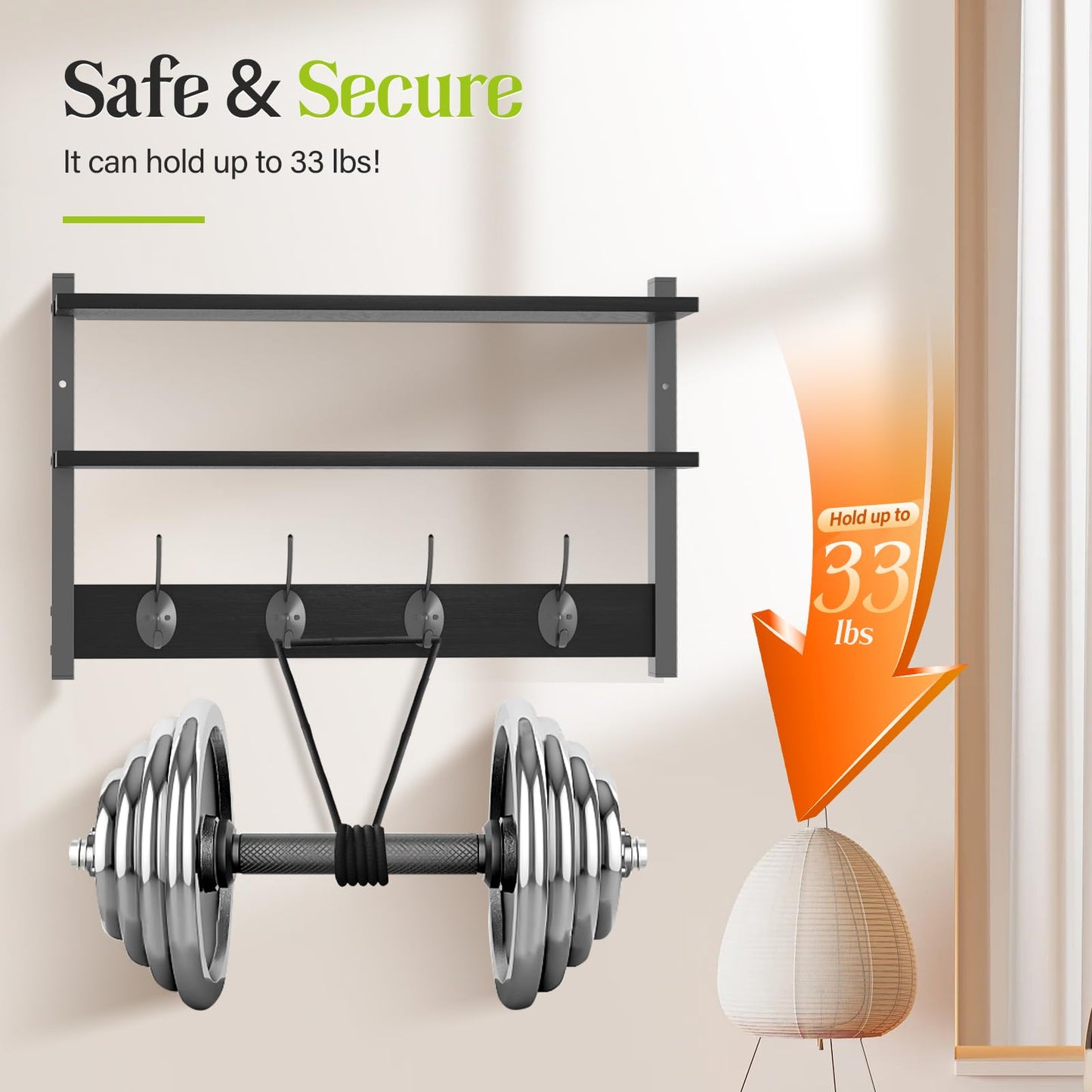 Orapoke Two-Tier Wall Shelf with Hooks, 17" Coat Rack Wall Mount with Shelf, Entryway Key Hooks for Wall with Heavy Duty Double Hooks, Coat Hook Wall Mounted for Bedroom, Living Room, Black