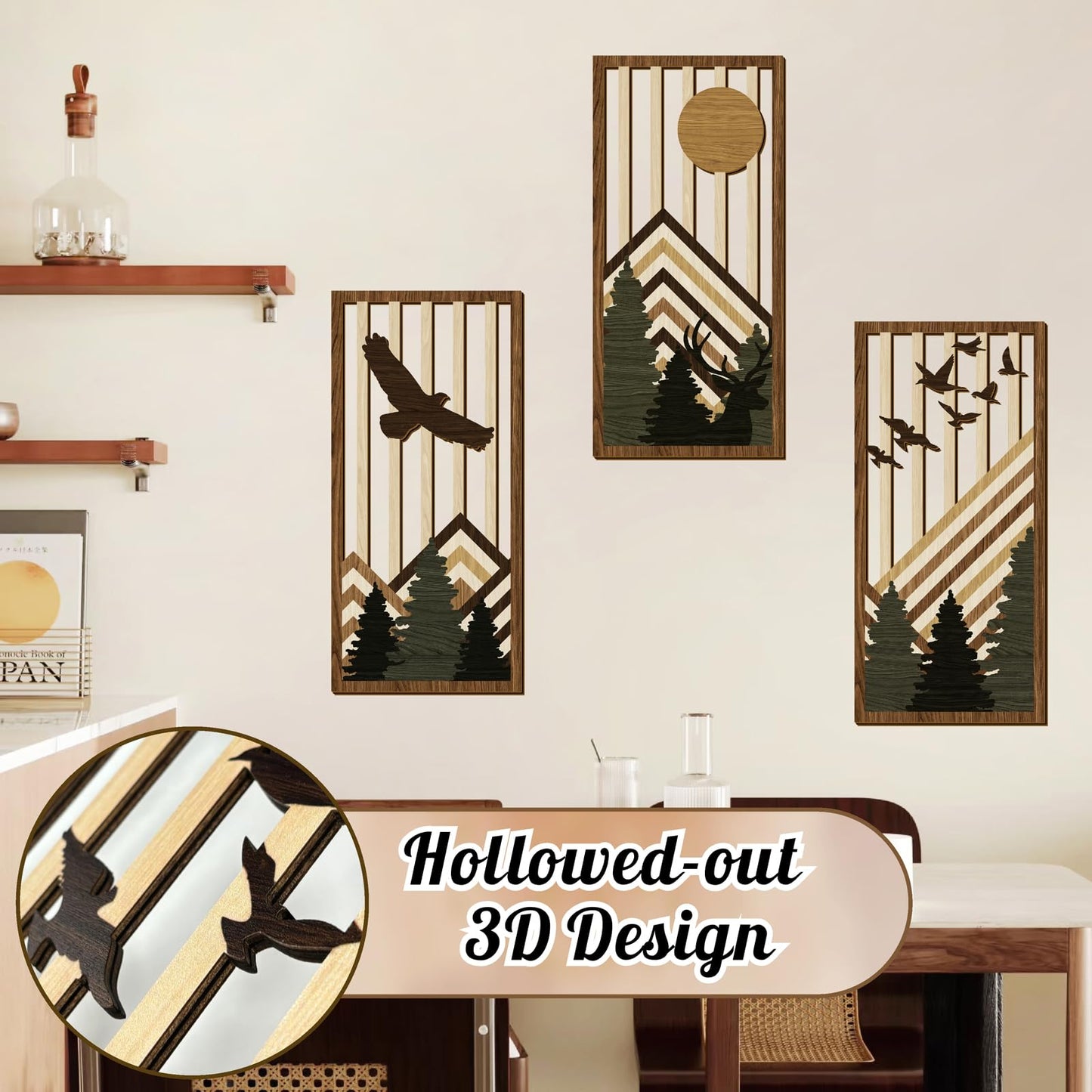 3 Pcs Wooden Boho Mountain Wall Art Mid Century Modern Wall Decor Nature Geometric Line Artwork for Living Room Rustic Home Indoor Decoration MCM Landscape Hanging Plaque for Bedroom Office Accents