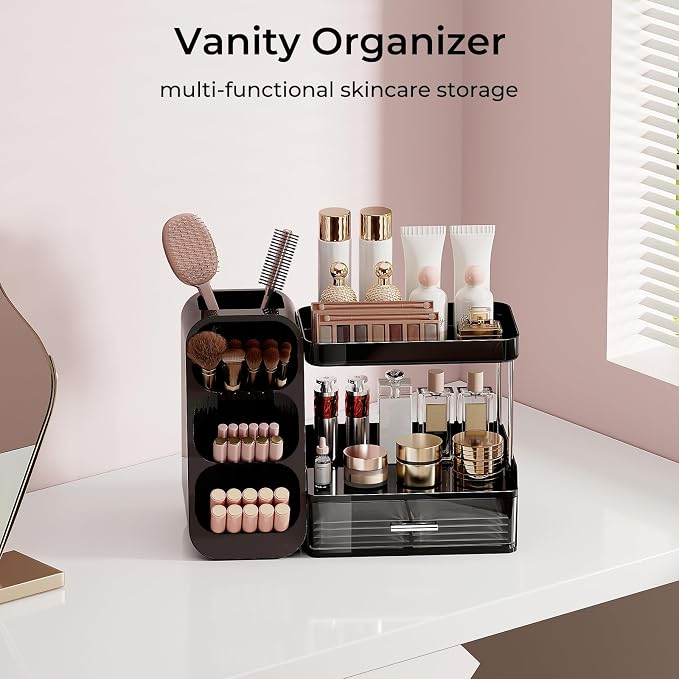 UFORU Makeup Organizer for Vanity with Brush Holder, 2 Tiers Countertop Skincare, Cologne Organizer and Perfume Stand for Men Bathroom Vanity, Large Capacity Makeup Storage, Black