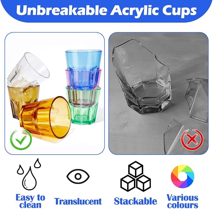 Plastic Drinking Glasses Set of 6, Unbreakable Coloured Water Tumbler, Acrylic Plastic Cups, Reusable Kids Drinking Cups for Children Kitchen Picnic Party Juice Whiskey Wine (6pc-6color-160ml/5.4oz)