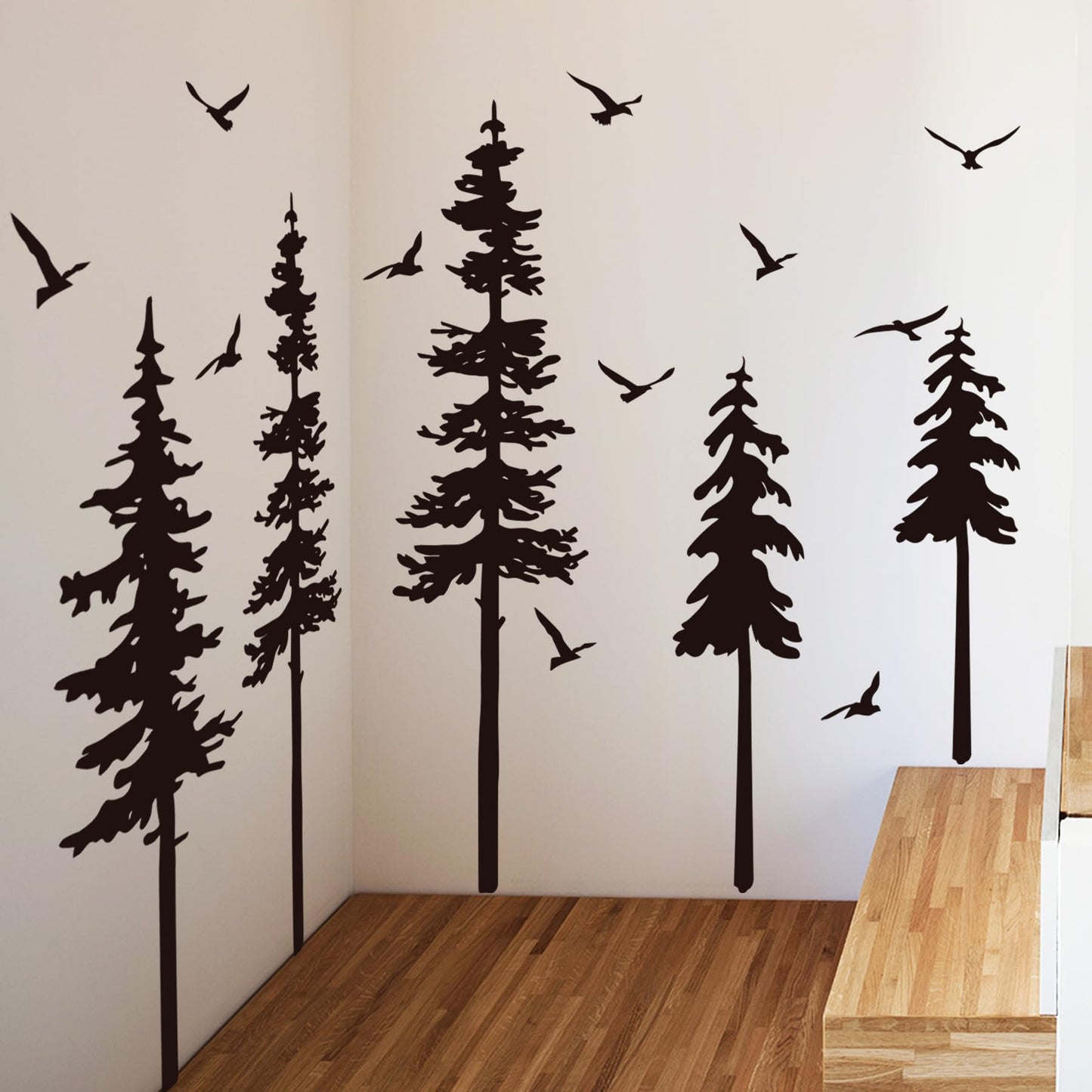 Large Pine Trees Wall Decals Black Forest Wall Stickers Christmas Decoration Wallpaper Woodland Animal Birds Mural Decals Peel and Stick Vinyl Wall Art Stickers for Bedroom