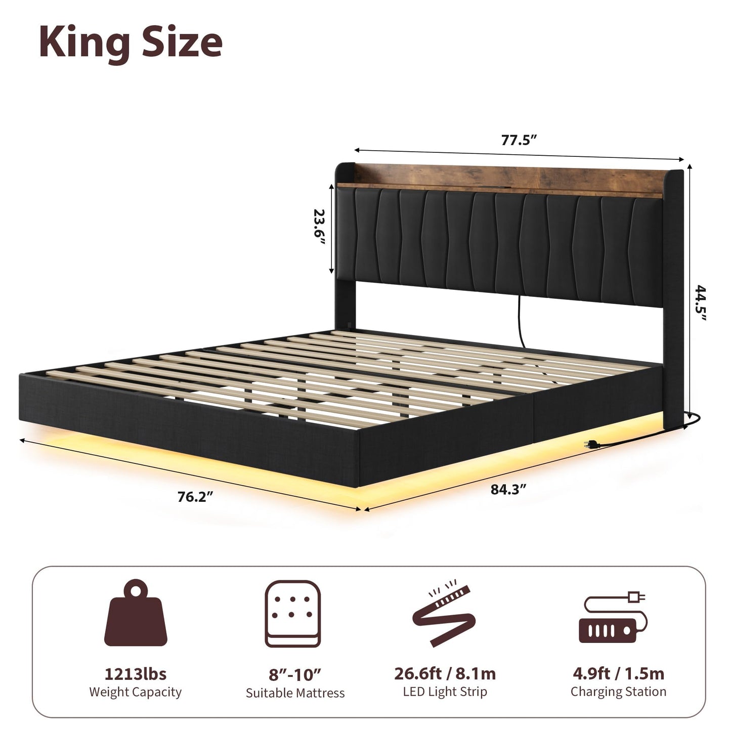 GarveeHome Floating Bed Frame King with LED Lights & USB Charging Station – Modern Upholstered Platform Bed with Headboard, Solid Wood Slats Support, No Box Spring, Easy Assembly, Noise-Free, Black