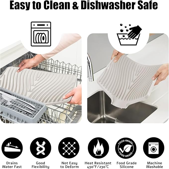 TIKNIK Silicone Dish Drying Mat for Kitchen Counter - Heat Resistant & Non-Slip Dish Drain Pad with Built-In Drain, Dishwasher Safe, Quick-Dry, Hangable & Roll-Up for Storage, Cream-1pcs, 20" x 15"