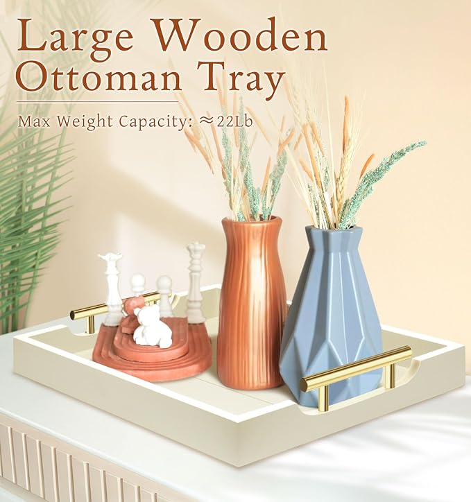 SXNOWS Ottoman Tray for Coffee Table & Couch, Large Wooden Serving Tray with 2 Set of Handles - Modern Farmhouse Rectangle Decorative Tray for Living Room Kitchen Includes 4 Coasters, Off-White/Cream