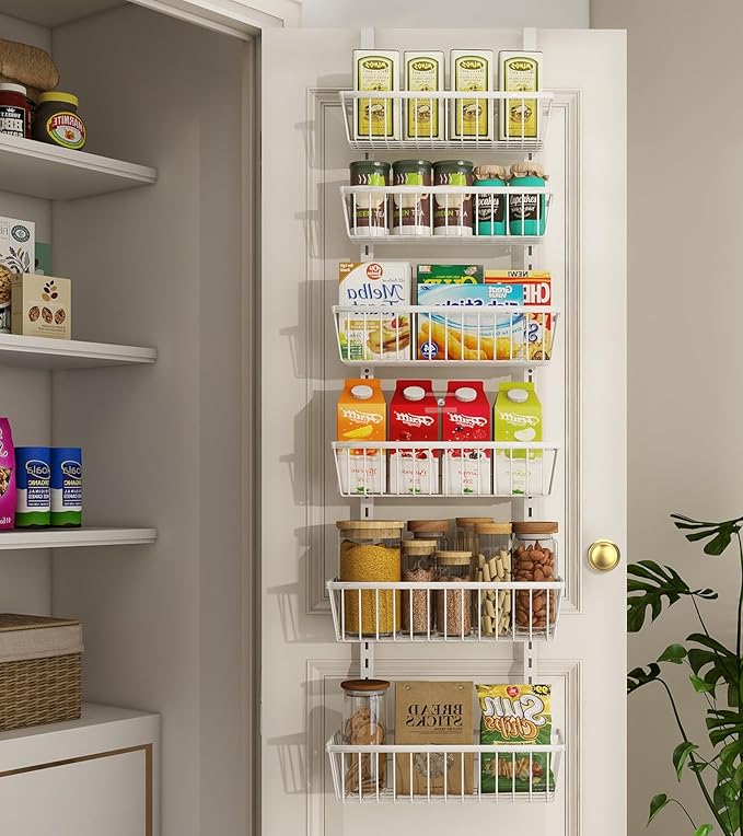Mefirt 12 Inch Wide Narrow Over The Door Pantry Organizer, Pantry Organization and Storage, 6-Tier Metal Hanging Deep Basket Wall Spice Rack Seasoning Shelves, Home & Kitchen Essentials, White