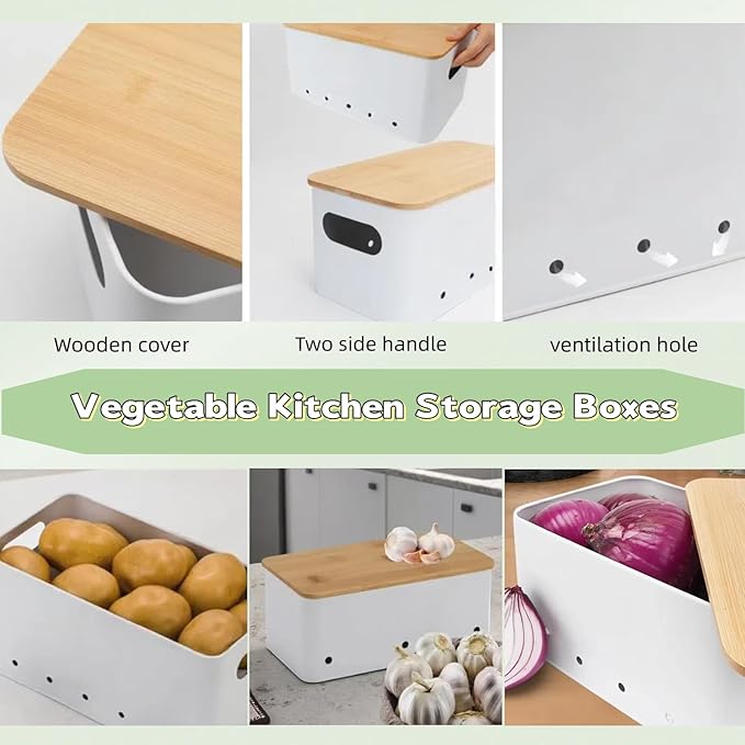 Modern kitchen storage container, stacked metal storage box, 3-piece set with wooden lid design, onion, garlic, potato metal cans, breathable storage box (White)