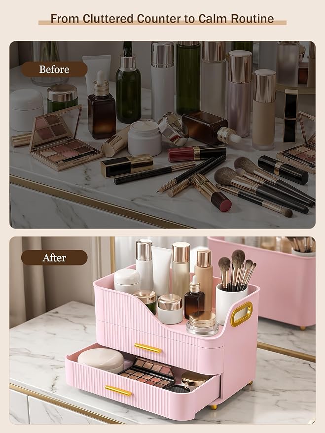 Booklov Countertop Makeup Organizer with Drawers, 3 Tier Large Cosmetic Storage Caddy for Vanity, Bathroom Counter, Dresser, Skincare Display Case for Lipsticks, Beauty Palettes, Teen Girl Gifts, Pink