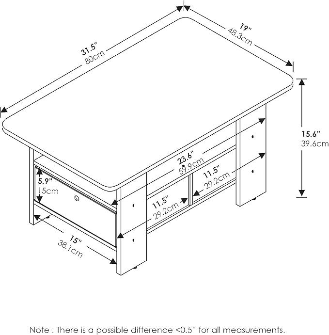 Furinno Andrey Coffee Table with Bin Drawer, Amber Pine/Black Small Non-Lift Top