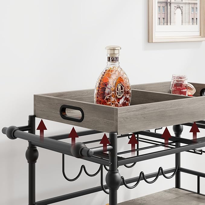 GarveeHome Bar Cart with Wheels, 3-Tier Serving Cart for Home, Mobile Rolling Beverage Cart with Wine Rack and Removable Tray for Kitchen, Dining, Living Room, 35.4" x 15.7" x 34.1", Grey