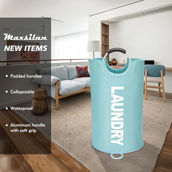 Maxsilan 90L Large Laundry Basket, Freestanding Tall Clothes Hamper, Collapsible Laundry Bag, Light Blue