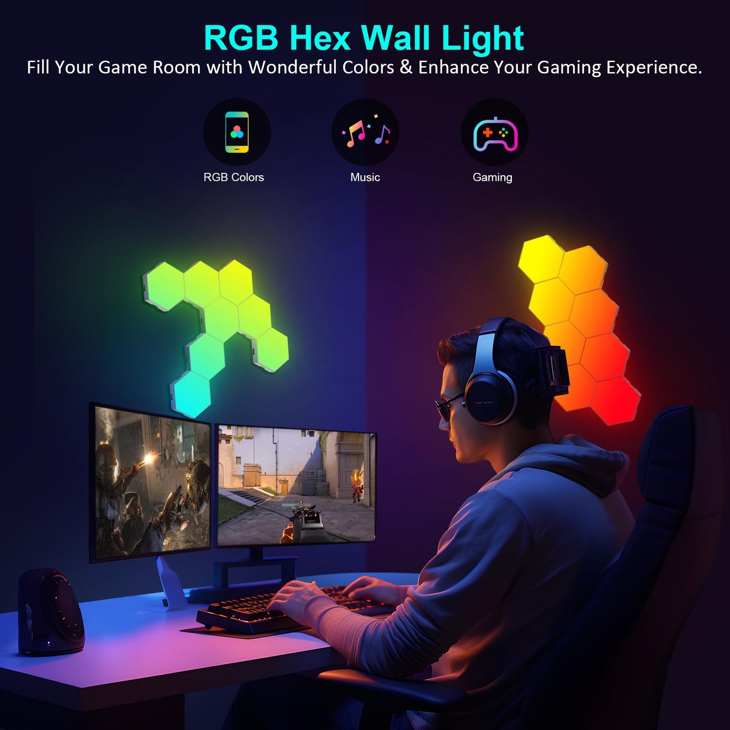 JIMIMORO 20-Pack Hexagon Light Panels – Smart RGB LED Wall Lights with App & Remote – Music Sync Gaming Lights for Gamers, Game Room Decor, Gaming Equipment, Living Room, Bedroom, Kids & Adults