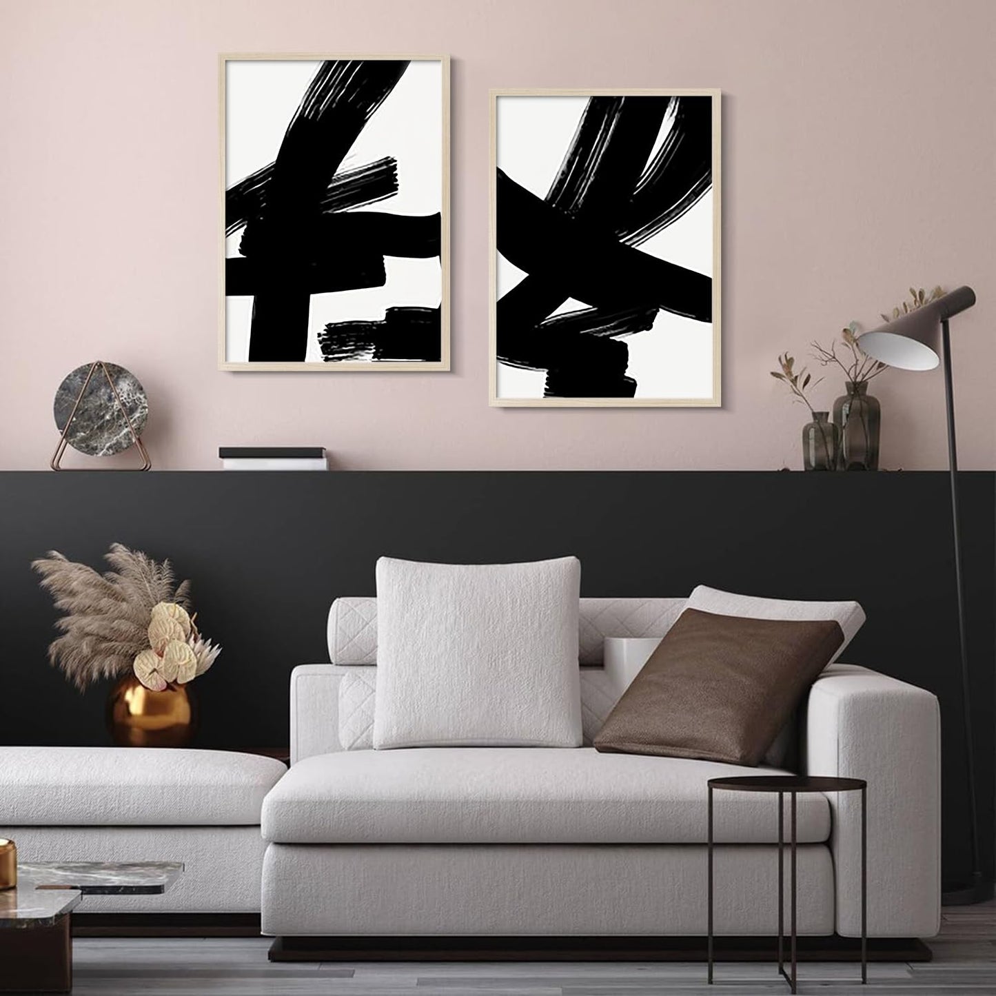 2Pcs Framed Black and White Abstract Thick lines Wall Art Canvas Prints Modern Minimalist Gallery Picture Posters Brush Stroke Wall Decor Living Room Bedroom Office 12x16 Inch Ready to Hang