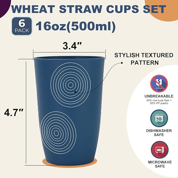 Wrova Wheat Straw Cups 16oz set of 8 - Alternative Plastic Cups Dishwasher Safe - Plastic Drinking Cups Unbreakable for Kids - Ocean Series
